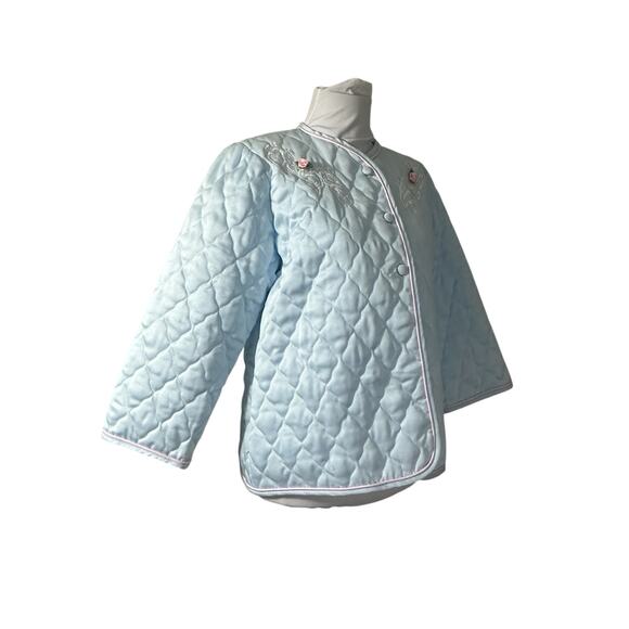 Vintage 1980s Appel Satin Nylon Blue Quilted Bed Jacket Robe S - Picture 5 of 7